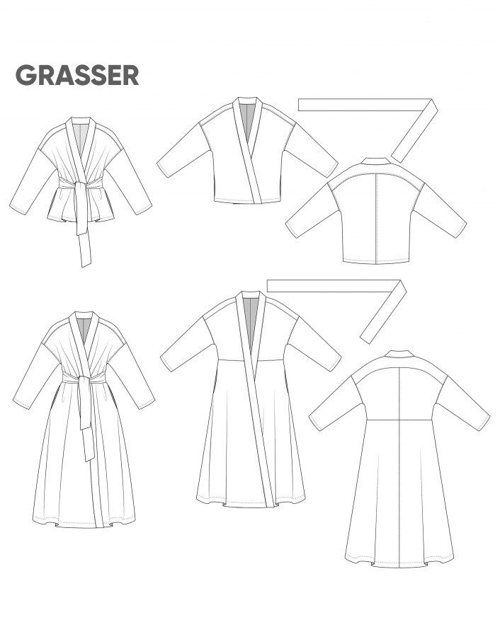 Платье и жакет кимоно, выкройка №830 — выкройка бренда Grasser, технический рисунок